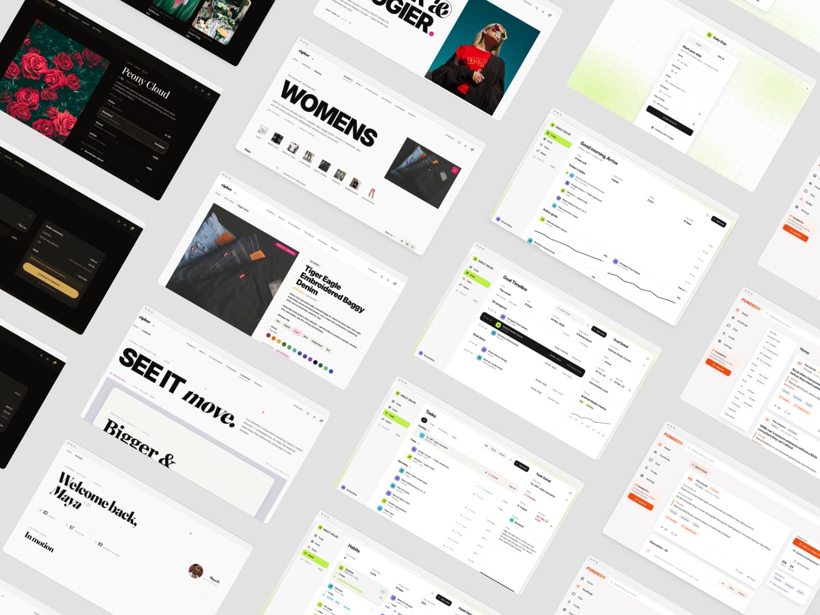 Selected work — a montage of storefront and product-platform screens